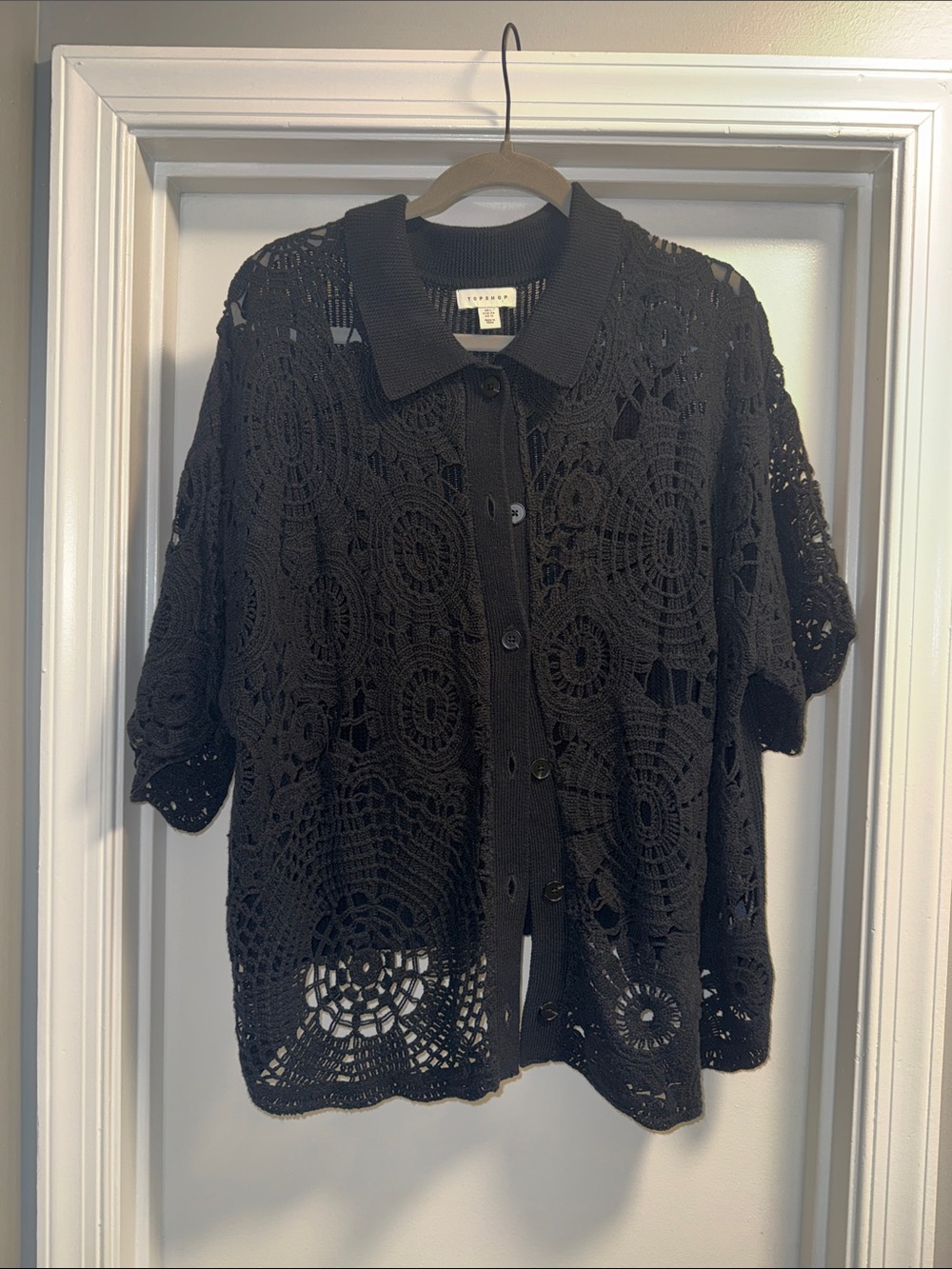 Topshop Black Crochet Button-Front Polo Cardigan